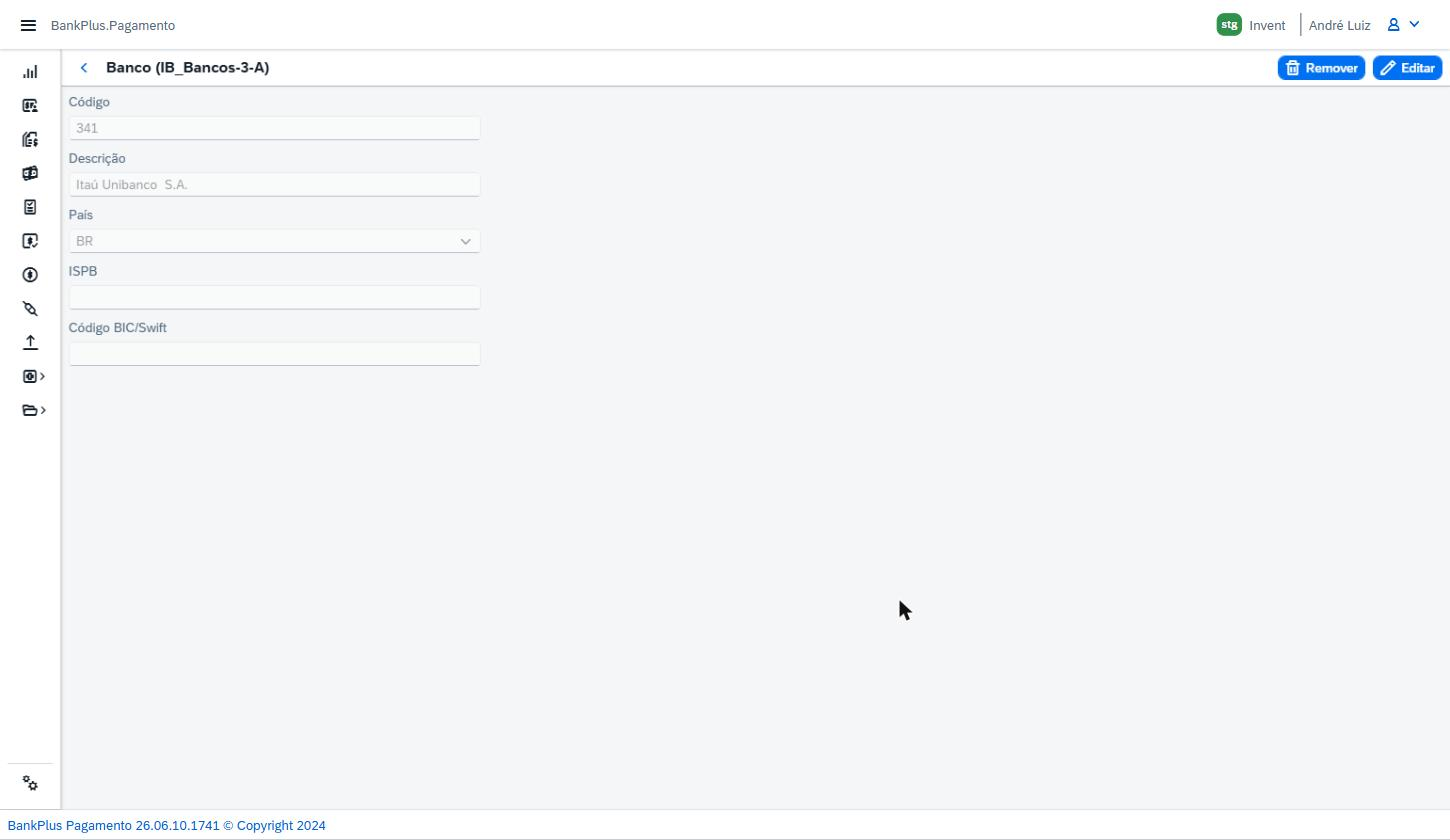 Na página de detalhe ficam disponíveis os botões Editar (habilita a edição), Remover (exclui o banco) e o botão de voltar (retorna à lista).