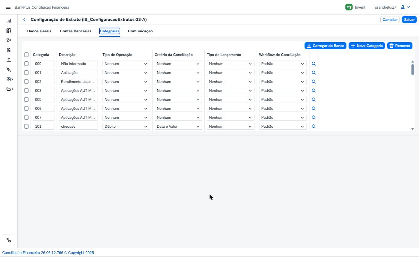 Aba Categorias da configuração de extrato, com os botões Carregar do Banco, Nova Categoria e Remover e a grade de categorias com Tipo de Operação, Critério da Conciliação, Tipo de Lançamento e Workflow de Conciliação.