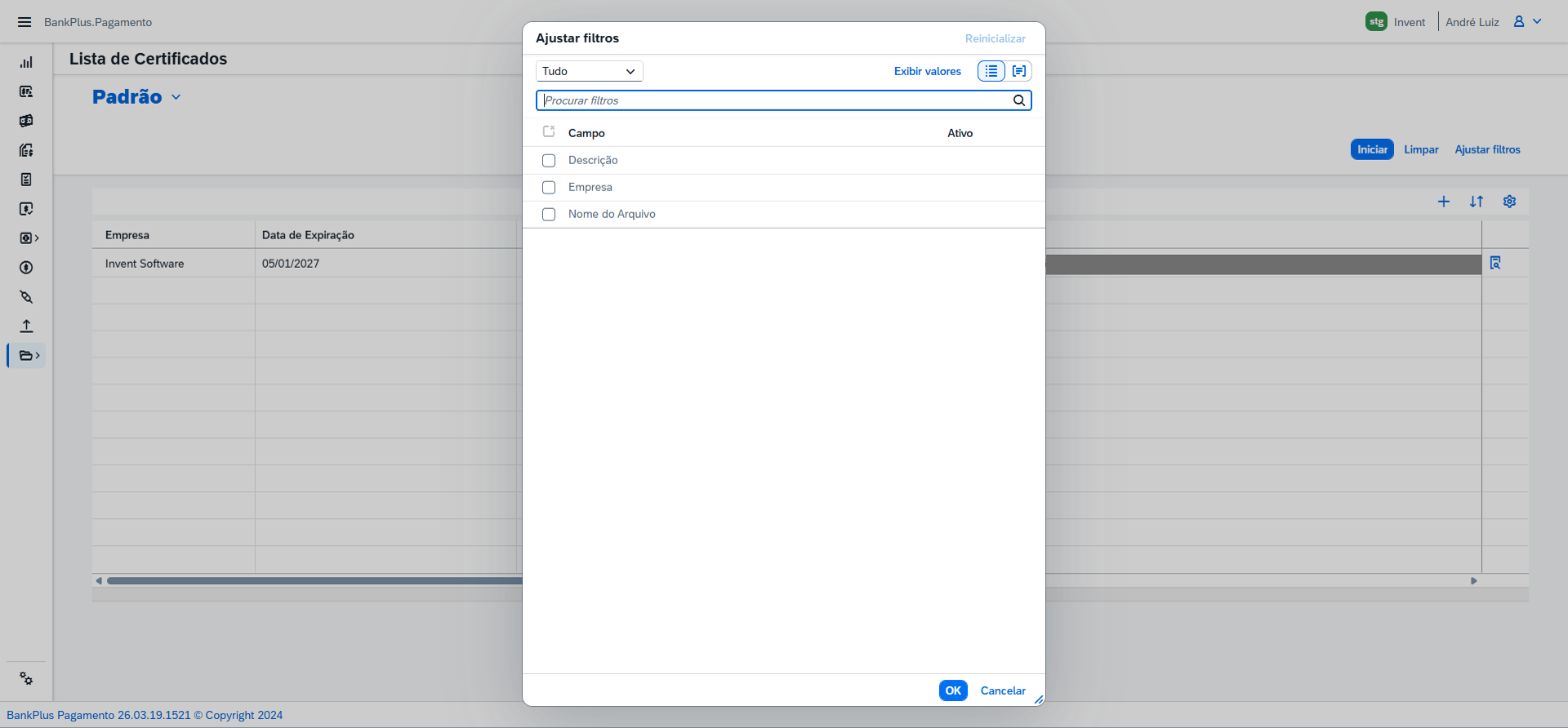 O modal exibe a lista de filtros disponíveis com coluna Campo e coluna Ativo.