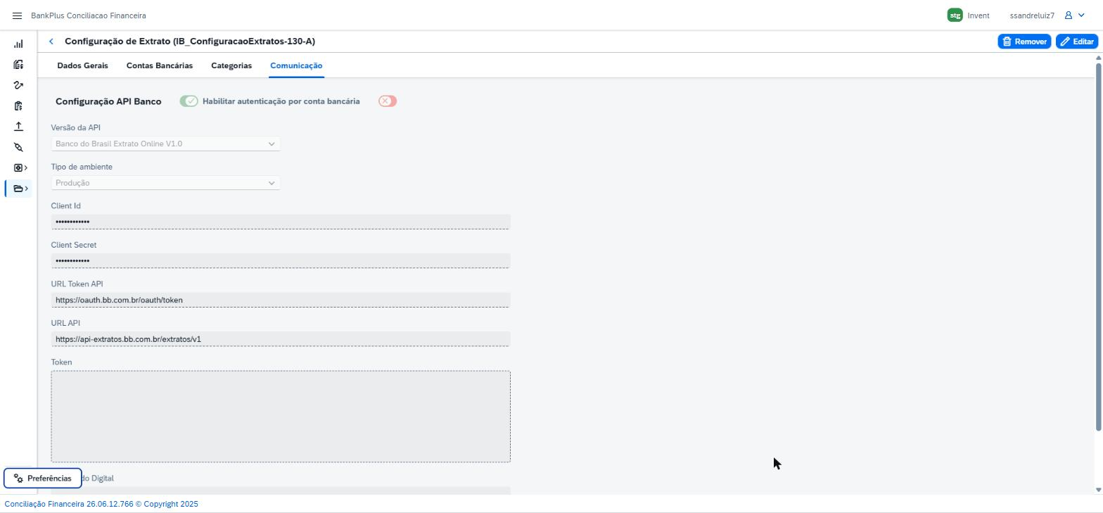 Aba Comunicação da configuração de extrato, com o bloco Configuração API Banco: Versão da API, Tipo de ambiente, Client Id, Client Secret, URL Token API, URL API e Token.