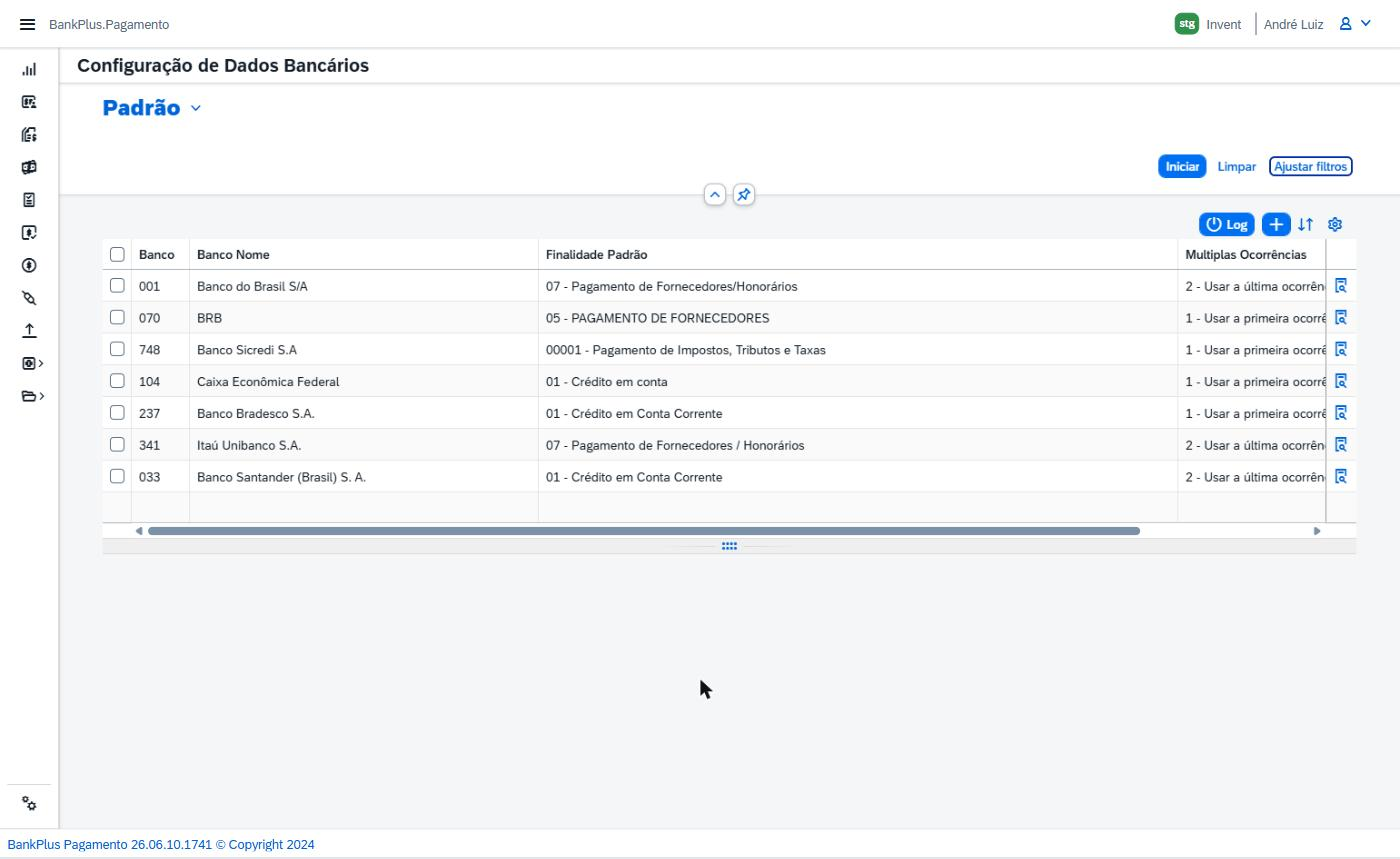 Tela Configuração de Dados Bancários, Lista de Configurações de Dados Bancários