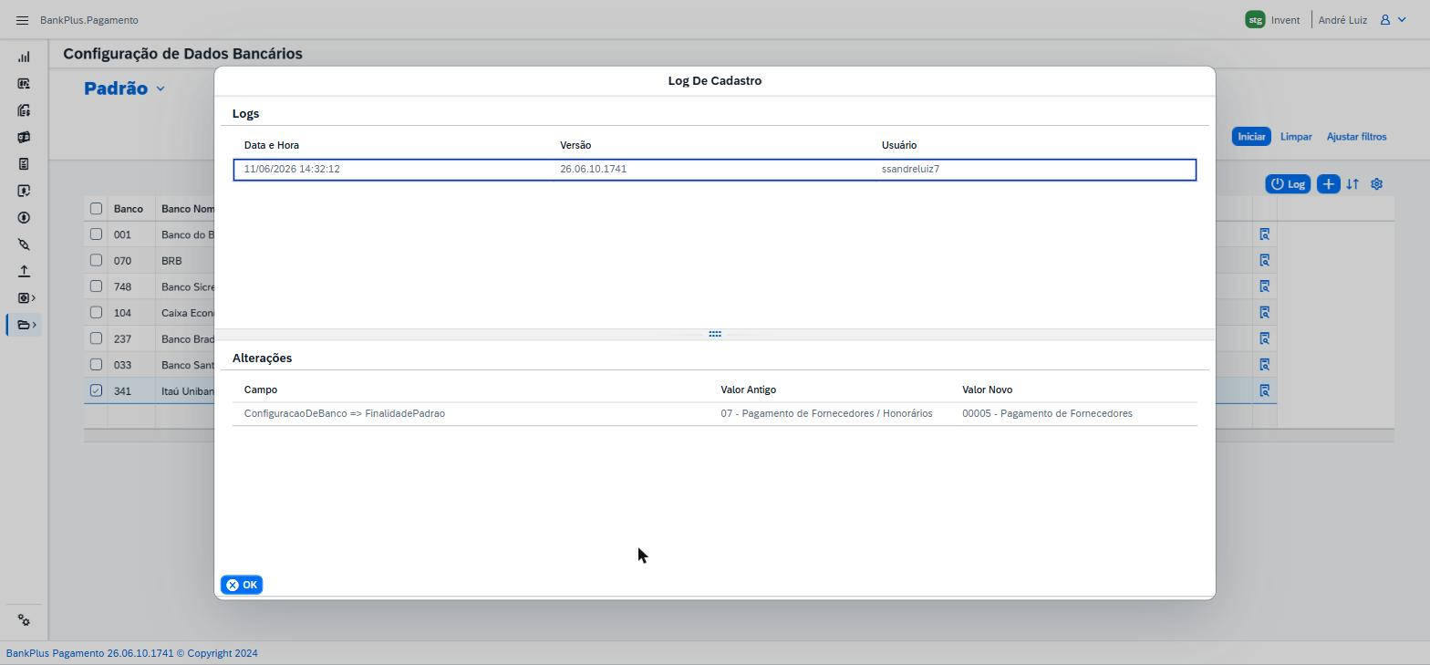 Log de Cadastro do registro selecionado, com o histórico de alterações dos campos da configuração.