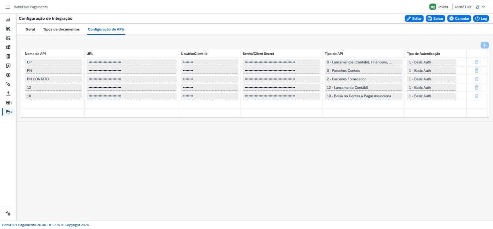 Aba Configuração de APIs com as APIs cadastradas.