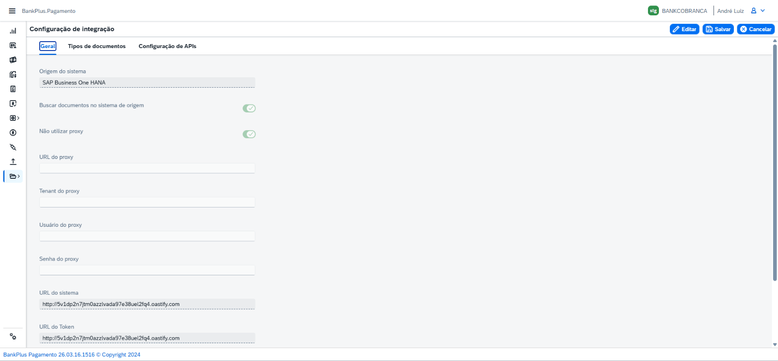 Aba Geral da Configuração de Integração com o menu lateral recolhido.