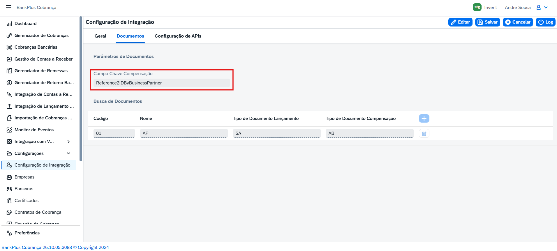 Configuração de Integração, aba Documentos, campo Campo Chave Compensação