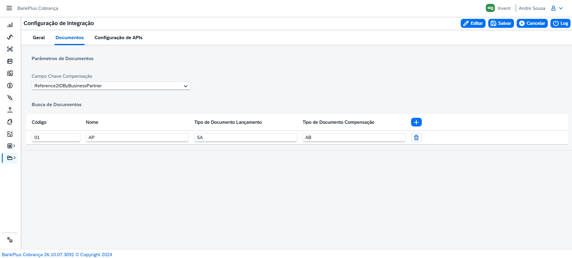 Configuração de Integração do App Cobrança, aba Documentos