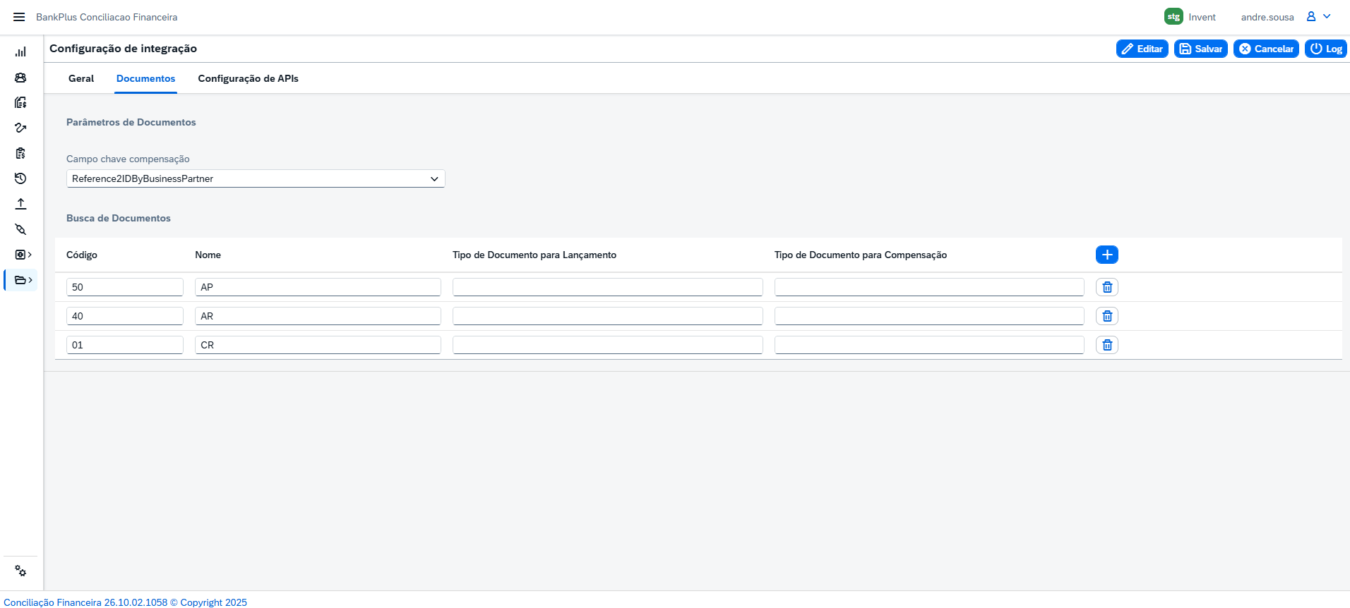 Configuração de Integração do App Conciliação Financeira, aba Documentos