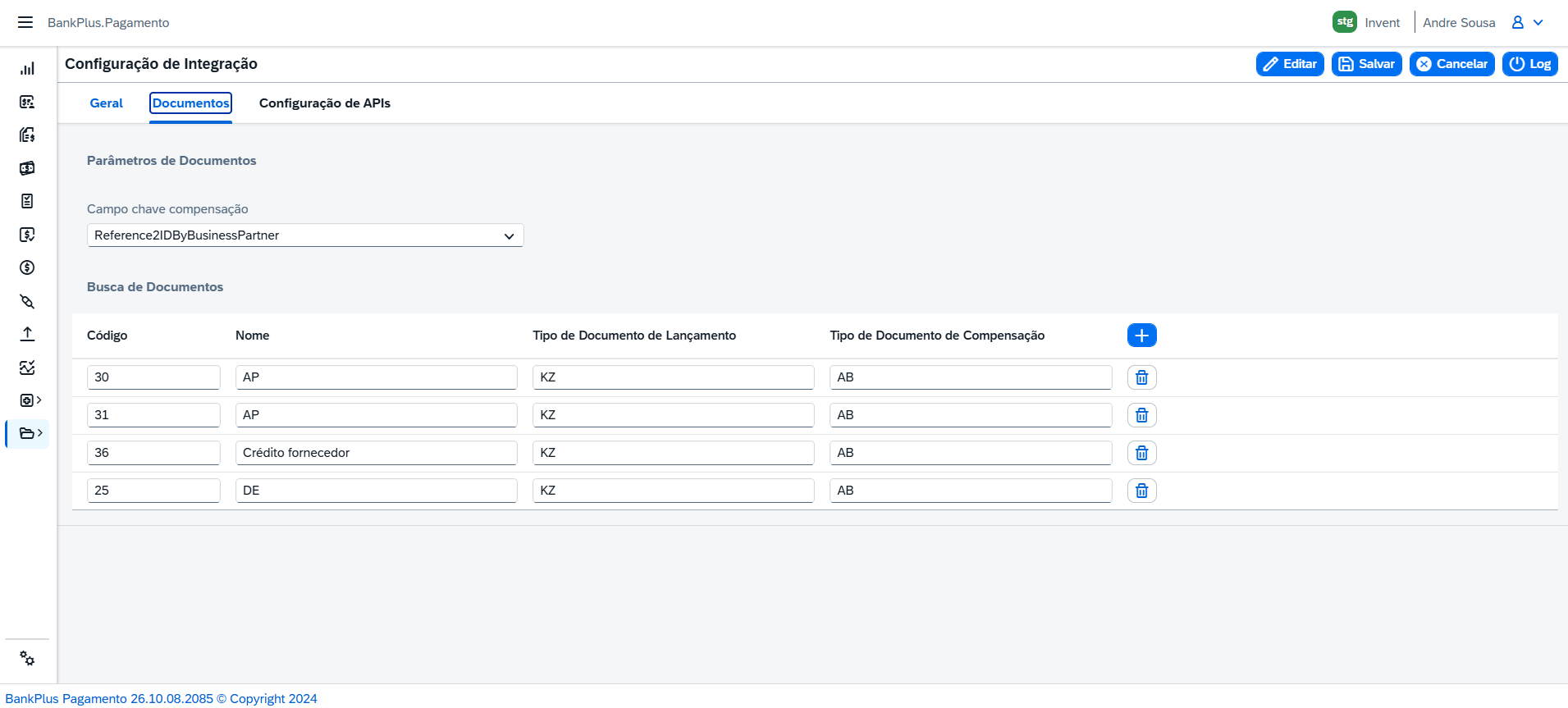 Configuração de Integração do App Pagamento, aba Documentos