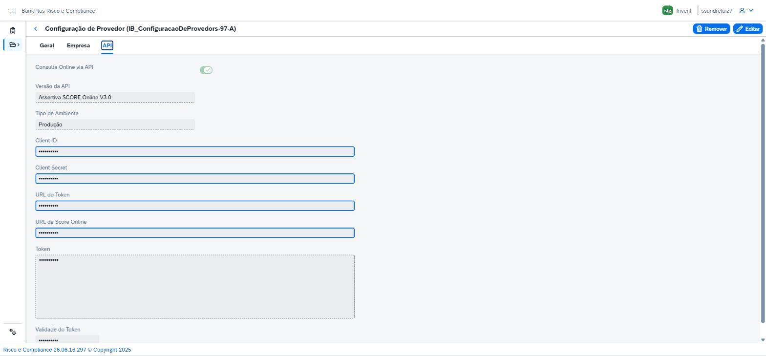 Aba API de um provedor Assertiva, com Consulta Online via API, Versão da API, Tipo de Ambiente, Client ID, Client Secret, URLs, Token e Validade do Token, com as credenciais mascaradas.