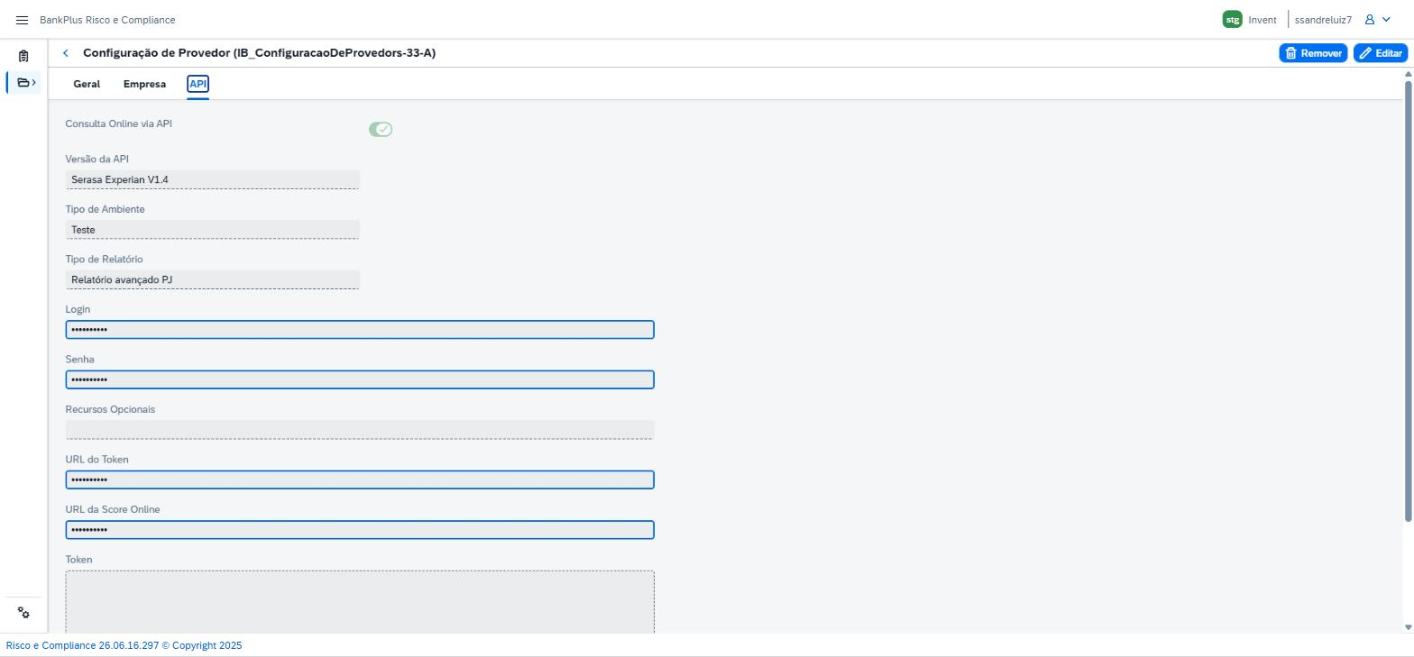 Aba API de um provedor Serasa, com Consulta Online via API, Versão da API, Tipo de Ambiente, Tipo de Relatório, Login, Senha, Recursos Opcionais, URLs e Token, com as credenciais mascaradas.