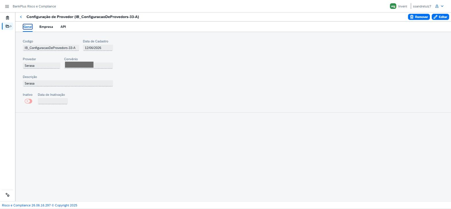 Detalhe Configuração de Provedor, aba Geral, com os campos Código, Data de Cadastro, Provedor, Convênio, Descrição, Inativo e Data de Inativação.