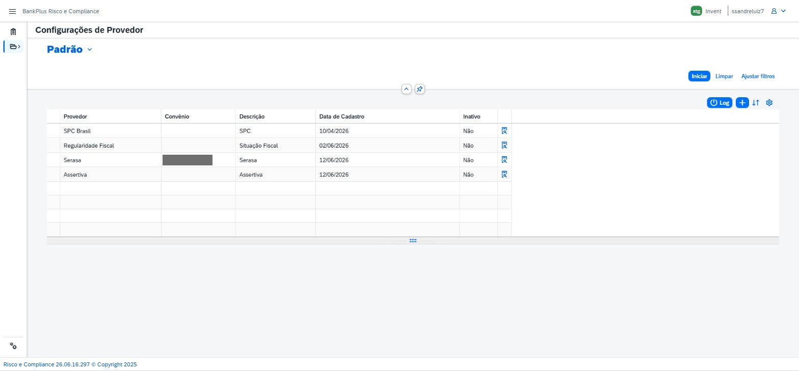 Tela Configurações de Provedor com os botões Iniciar, Limpar, Ajustar filtros, Log e Adicionar e a lista de provedores SPC Brasil, Regularidade Fiscal, Serasa e Assertiva.