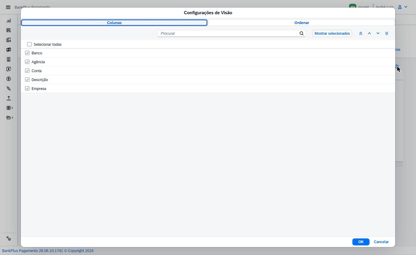 Modal de Configurações de Visão, com a lista de colunas disponíveis para exibição na lista.