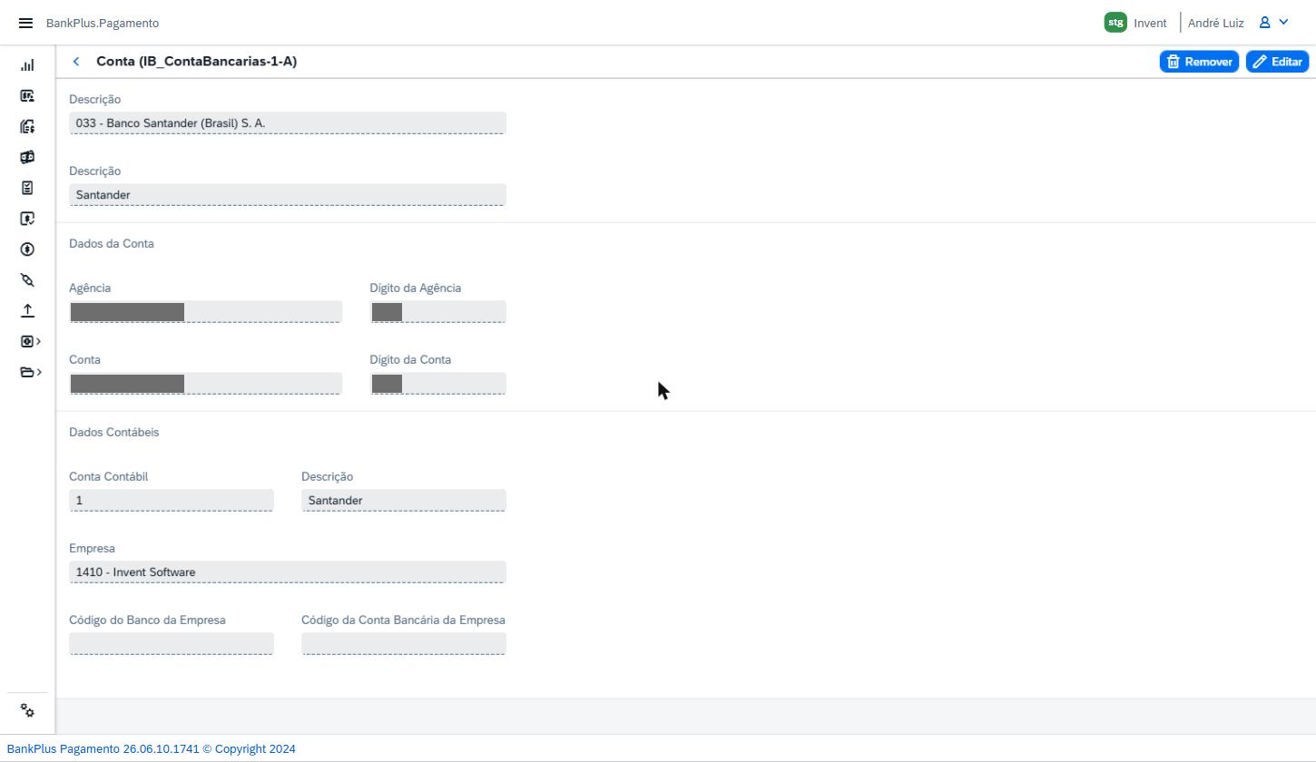 Página de detalhe de uma conta bancária, com os botões Remover e Editar e os blocos Dados da Conta e Dados Contábeis.
