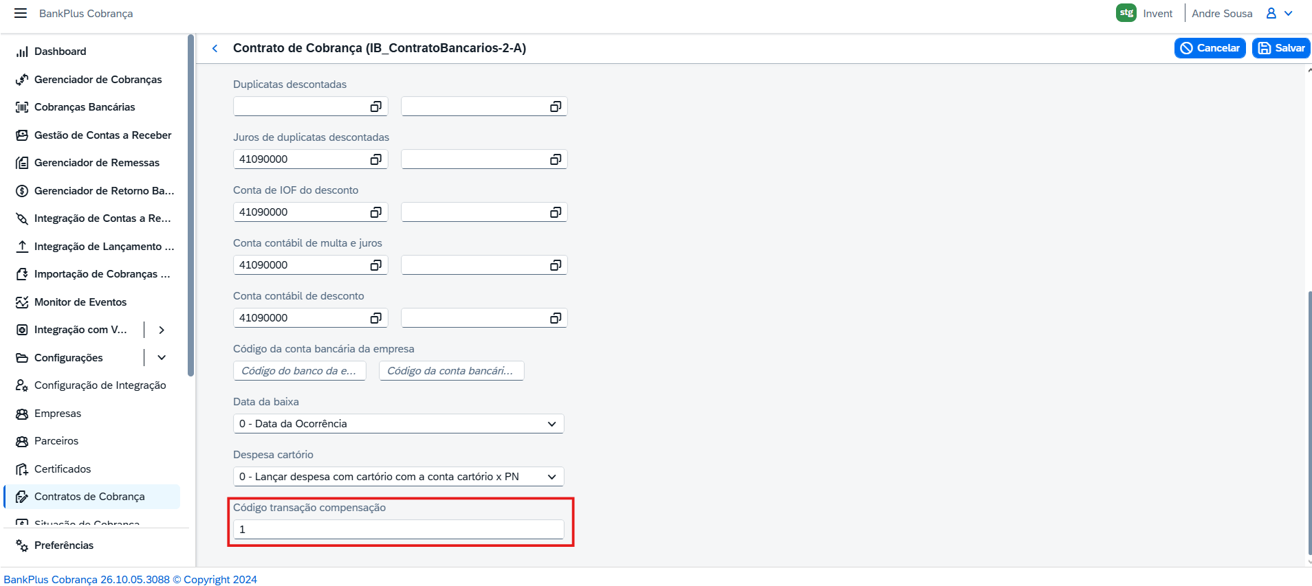 Contrato de Cobrança, aba Contabilização, campo Código transação compensação