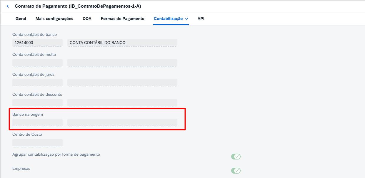 Contrato de Pagamento, aba Contabilização, com o bloco Banco na origem destacado