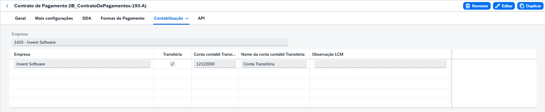 Contrato de Pagamento, aba Contabilização, lista de empresas com a empresa Invent Software marcada como Transitória e a conta contábil transitória 12122000
