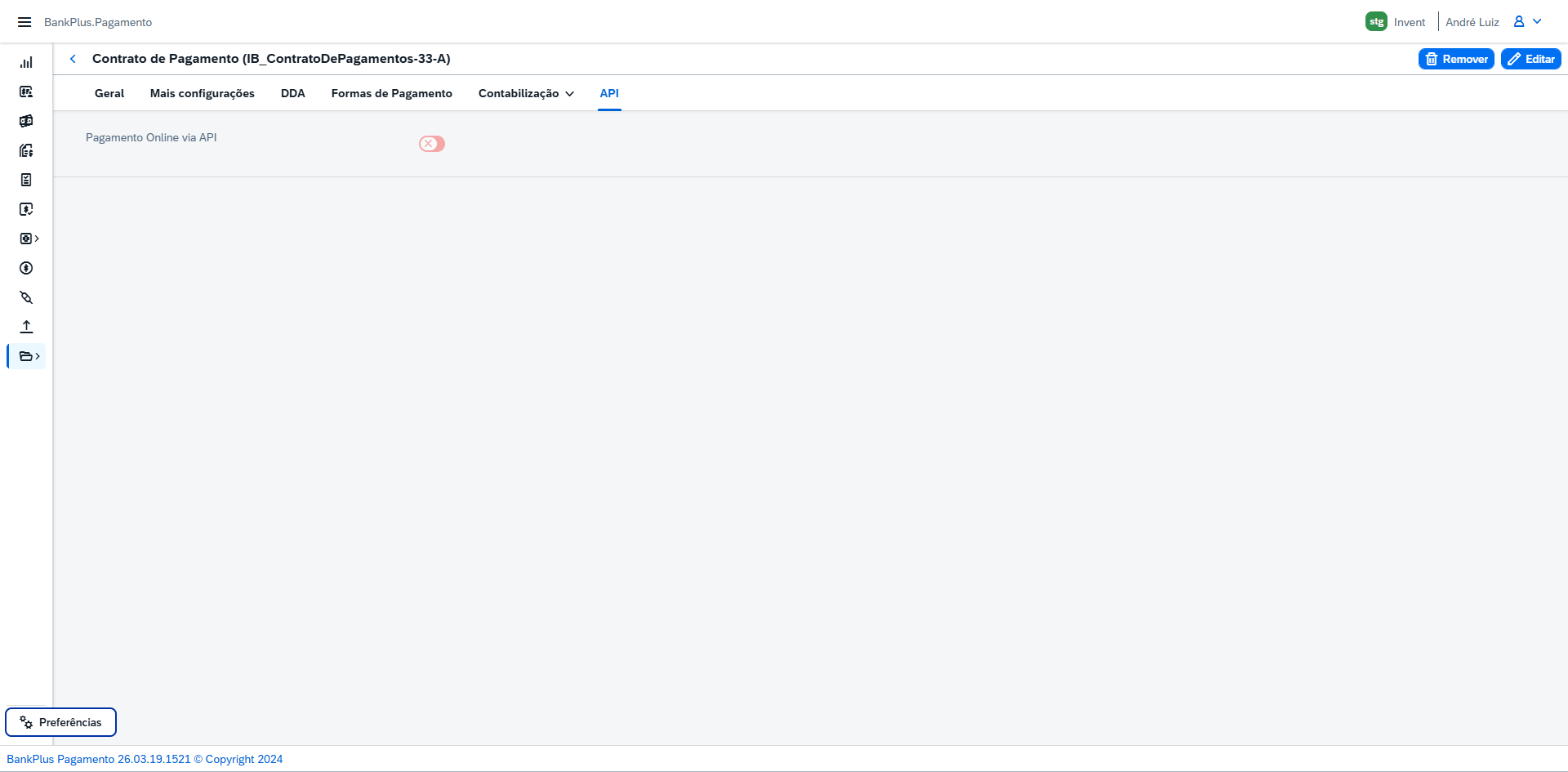 A aba API habilita o processamento de pagamentos em tempo real por integração direta com a API do banco.