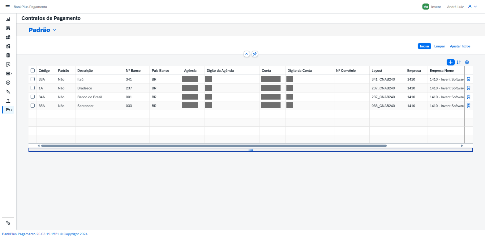 A tela exibe a lista de todos os contratos cadastrados; cada linha é um contrato, com código, banco, agência, conta e layout.
