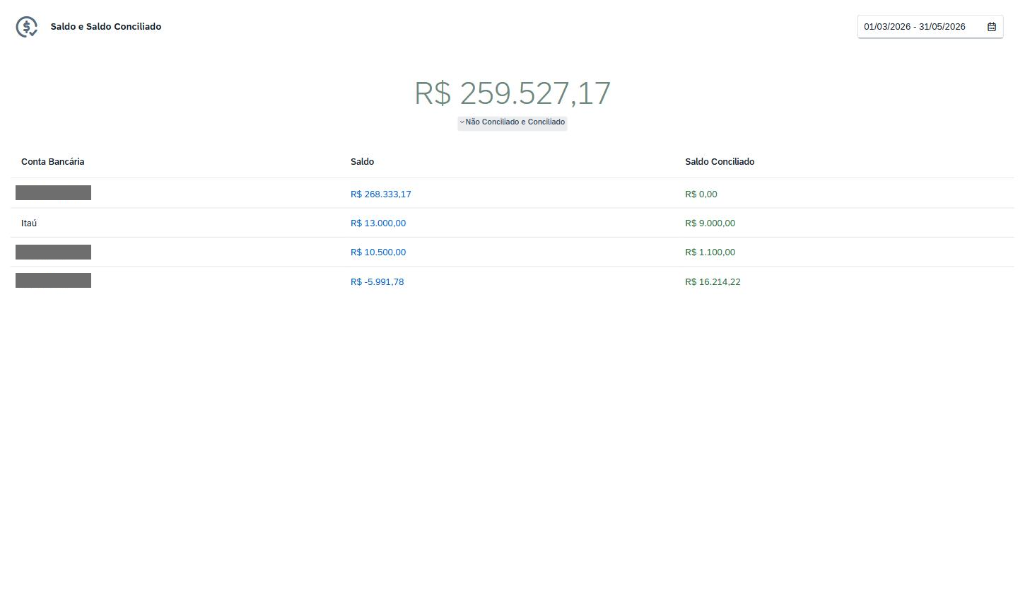 Tela Dashboard, Saldo e Saldo Conciliado