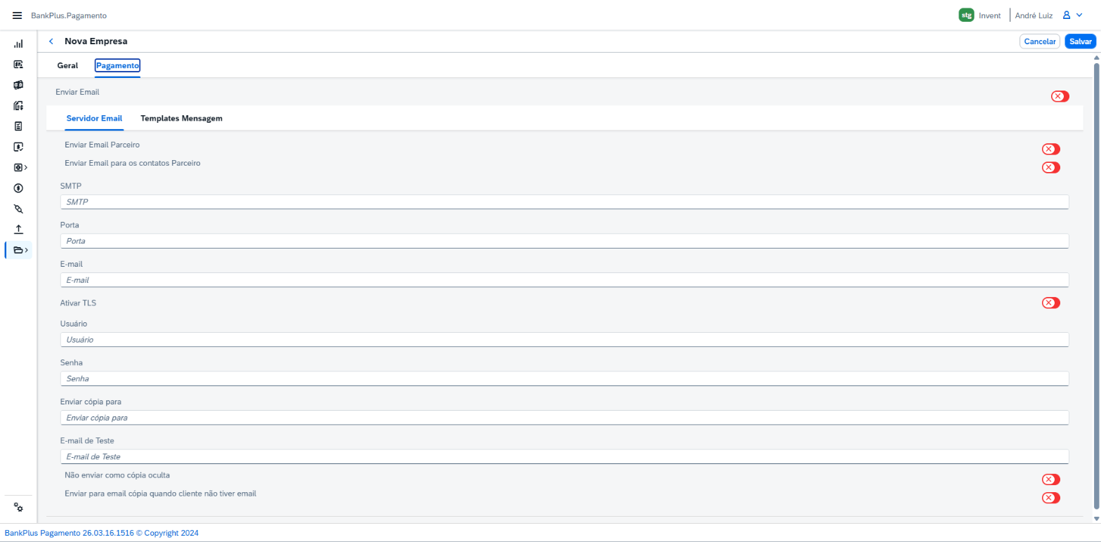 Aba Pagamento com a sub-aba Servidor Email selecionada.