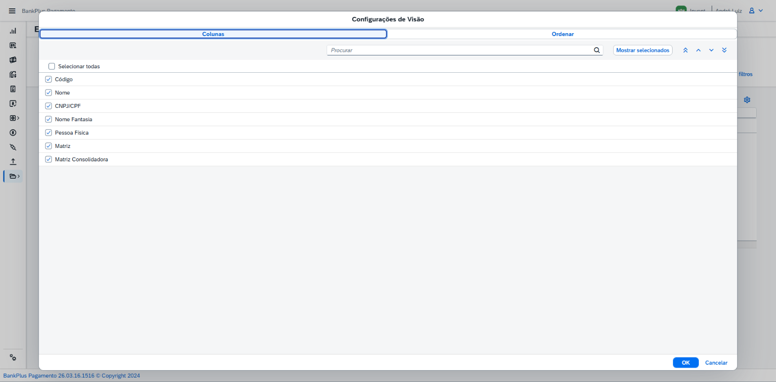 Modal Configurações de Visão com a aba Colunas selecionada.