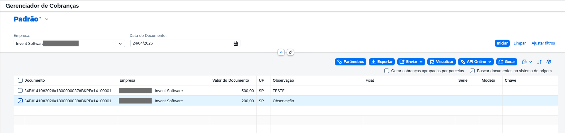 Gerenciador de Cobranças com os mesmos dois documentos, colunas de Documento a Chave