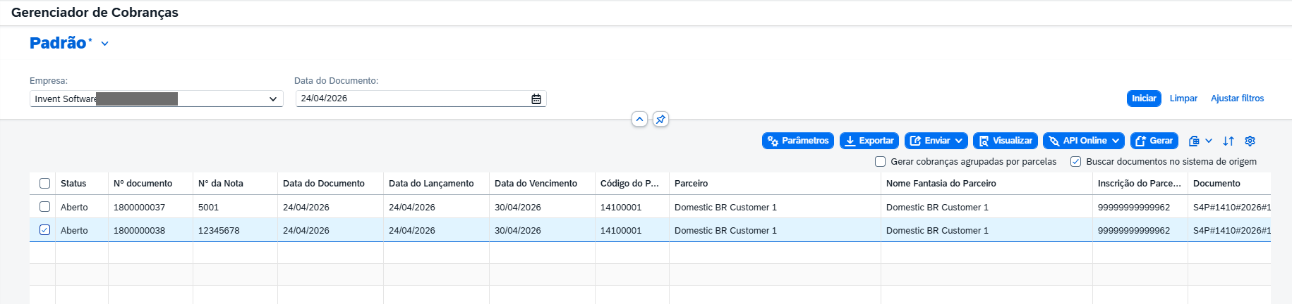 Gerenciador de Cobranças com dois documentos em aberto, colunas de Status a Documento