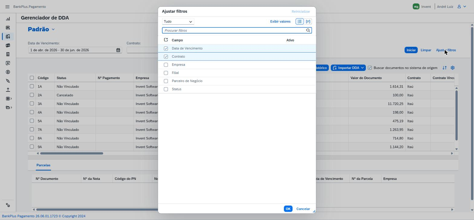 Modal Ajustar filtros do Gerenciador de DDA, com os campos Data de Vencimento e Contrato ativos.
