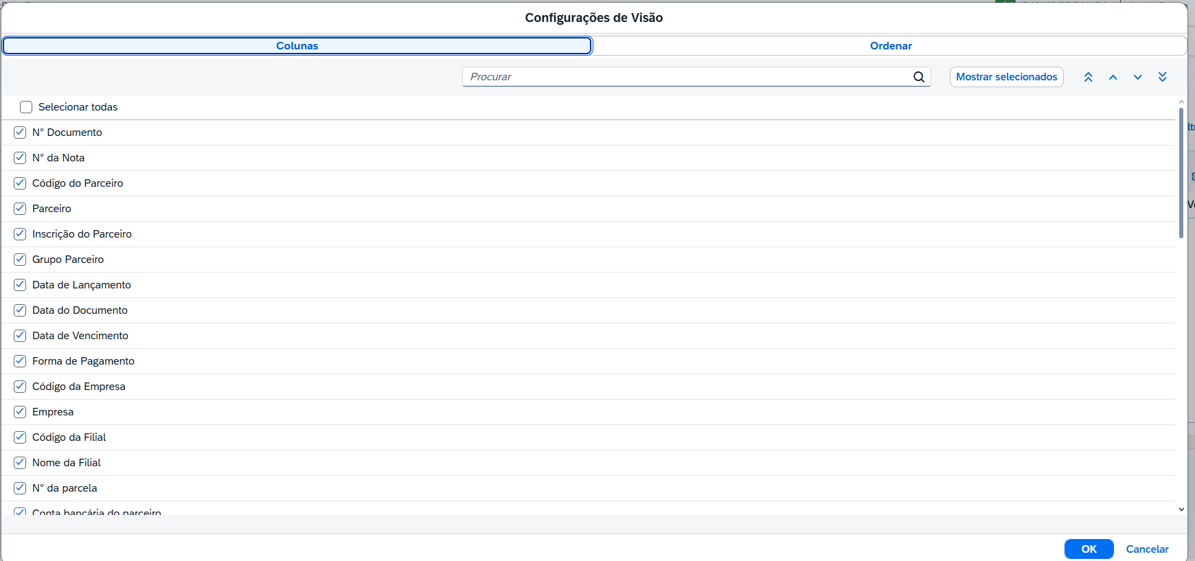 Modal Configurações de Visão do Gerenciador de Pagamentos, aba Colunas, com as colunas da lista de documentos selecionadas.