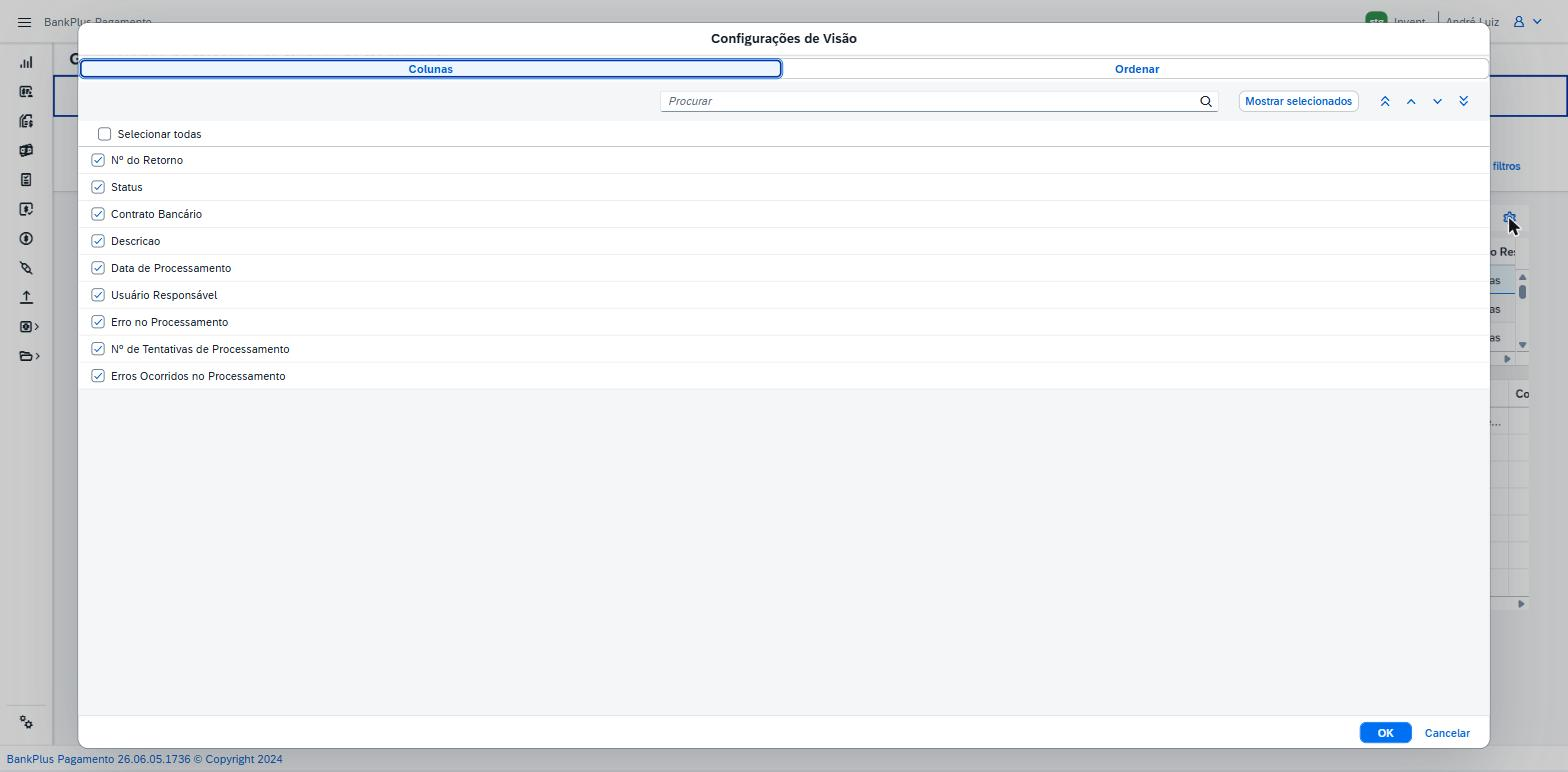 Painel Configurações de Visão, dividido nas abas Colunas e Ordenar.