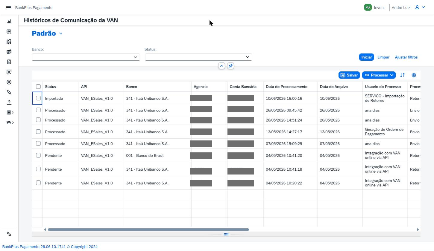 Cada linha representa um registro de comunicação com a VAN, trazendo informações como status, API utilizada, banco, agência, conta bancária e datas de processamento e do arquivo.