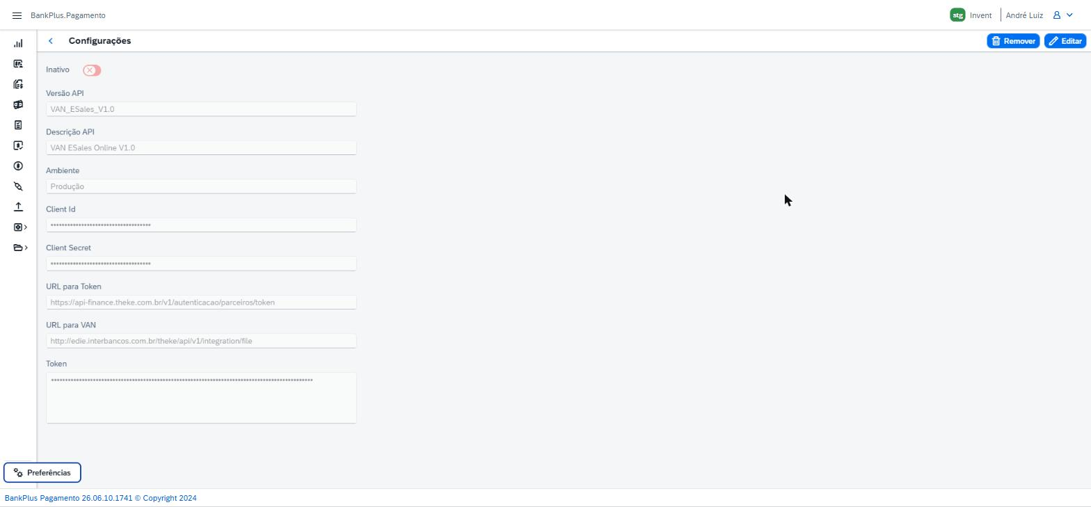 Detalhe de uma VAN cadastrada, com Versão API, Descrição API, Ambiente, as credenciais mascaradas, as URLs de token e de comunicação e os botões Remover e Editar.