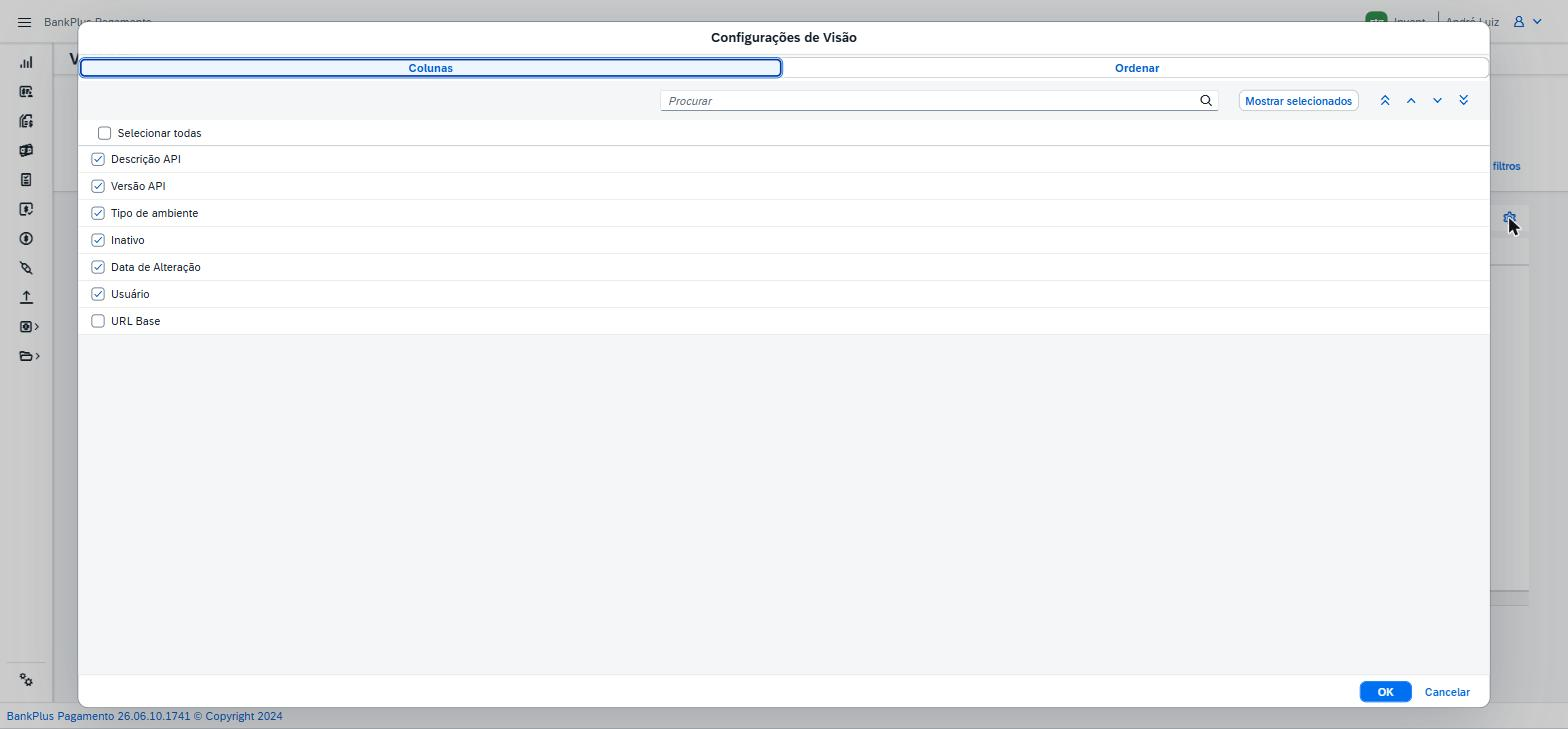 Modal Configurações de Visão da lista de VANs, aba Colunas, com URL Base desmarcada.