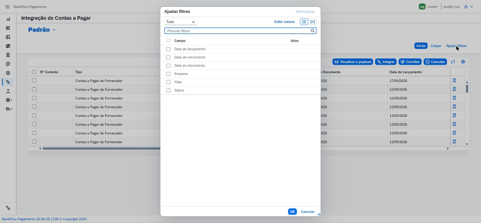 Modal Ajustar filtros com os campos Data de lançamento, Data de vencimento, Data do documento, Empresa, Filial e Status.