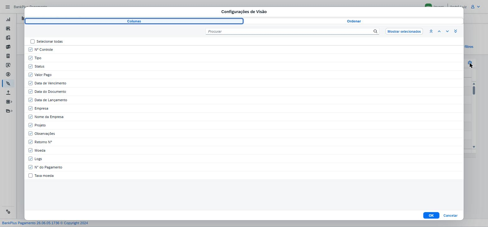 Modal Configurações de Visão da lista de documentos, aba Colunas, com 15 colunas selecionadas e Taxa moeda desmarcada.