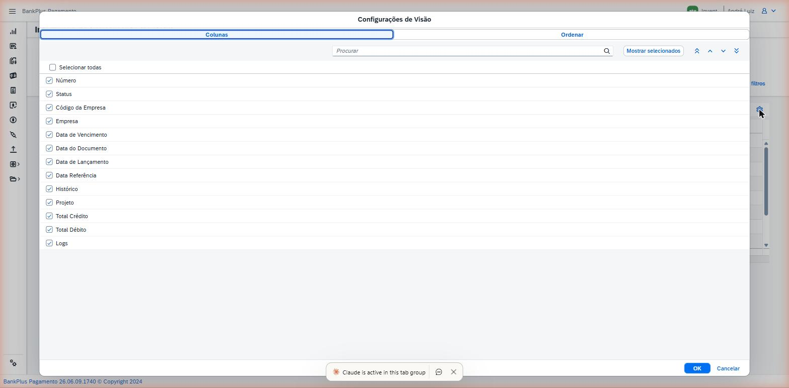 Modal Configurações de Visão aberto na aba Colunas.