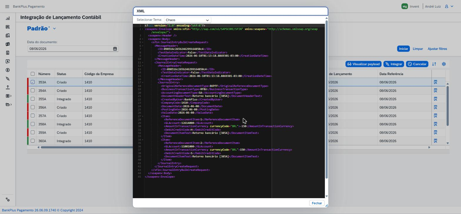 Modal XML com o payload gerado pelo BankPlus para integração com o SAP S/4HANA.