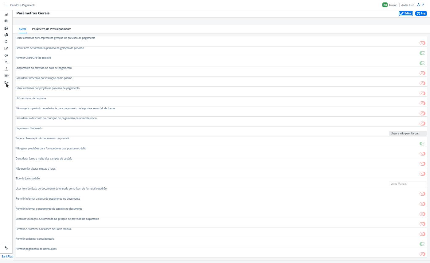 No topo da tela ficam as abas Geral e Parâmetro de Provisionamento e os botões Editar e Log.