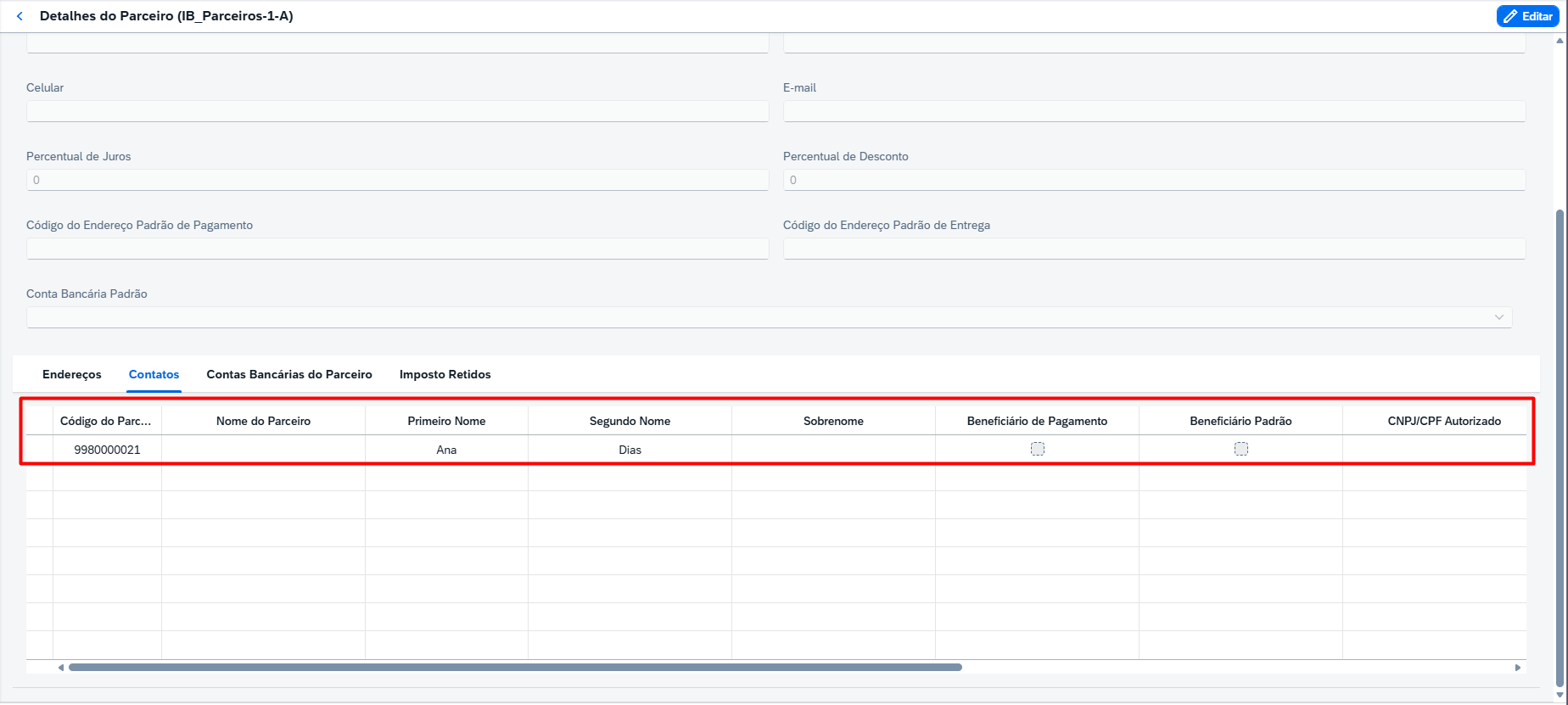 Detalhes do Parceiro, aba Contatos, contato importado do SAP S/4HANA