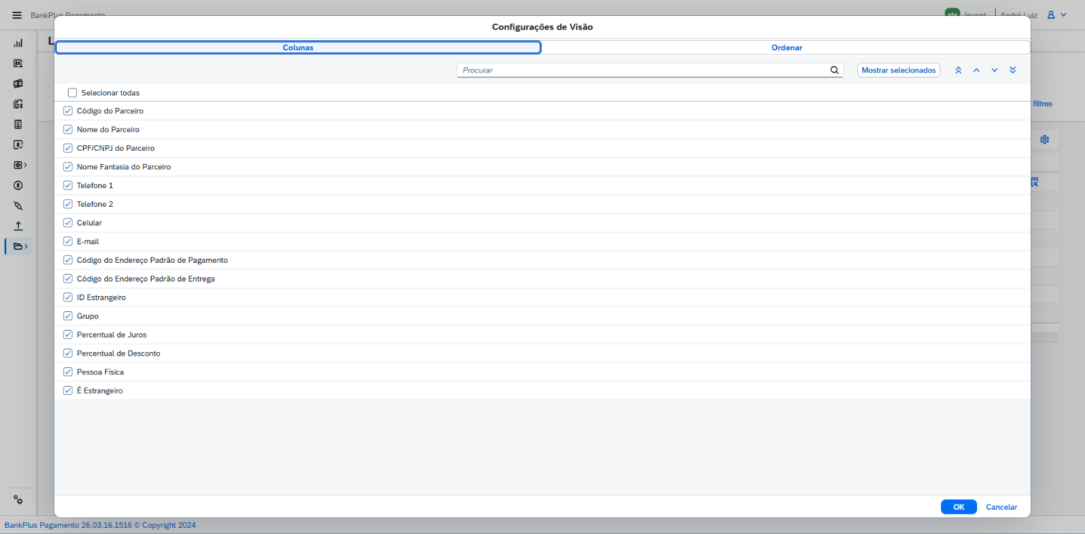Modal Configurações de Visão da Lista de Parceiros, na aba Colunas.
