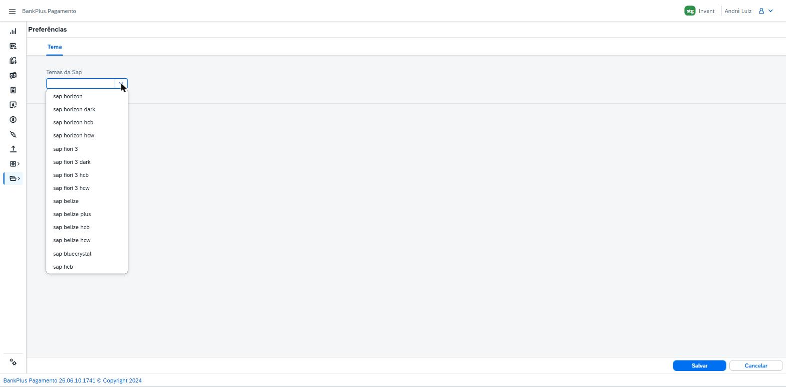 Lista do campo Temas da Sap aberta na tela Preferências, com os temas SAP disponíveis para a interface.