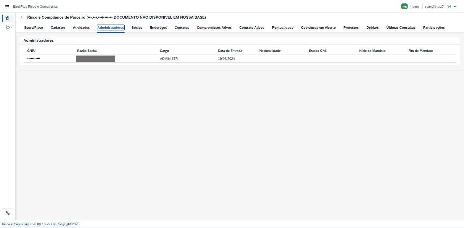 Detalhe da consulta (dossiê do parceiro), aba Administradores, com as colunas CNPJ, Razão Social, Cargo, Data de Entrada, Nacionalidade, Estado Civil e mandato.