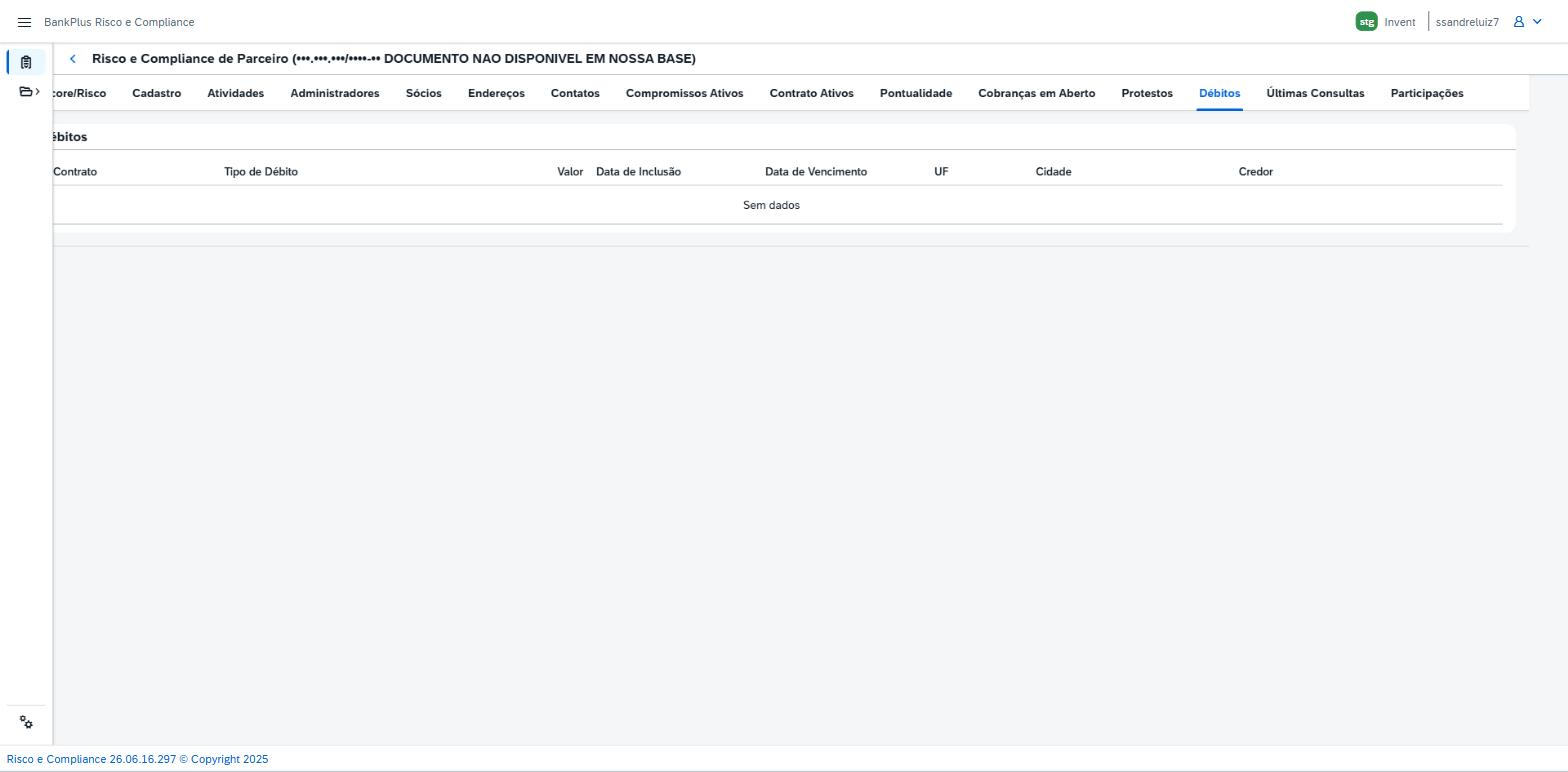 Detalhe da consulta (dossiê do parceiro), aba Débitos, com as colunas Contrato, Tipo de Débito, Valor, Data de Inclusão, Data de Vencimento, UF, Cidade e Credor, sem dados.