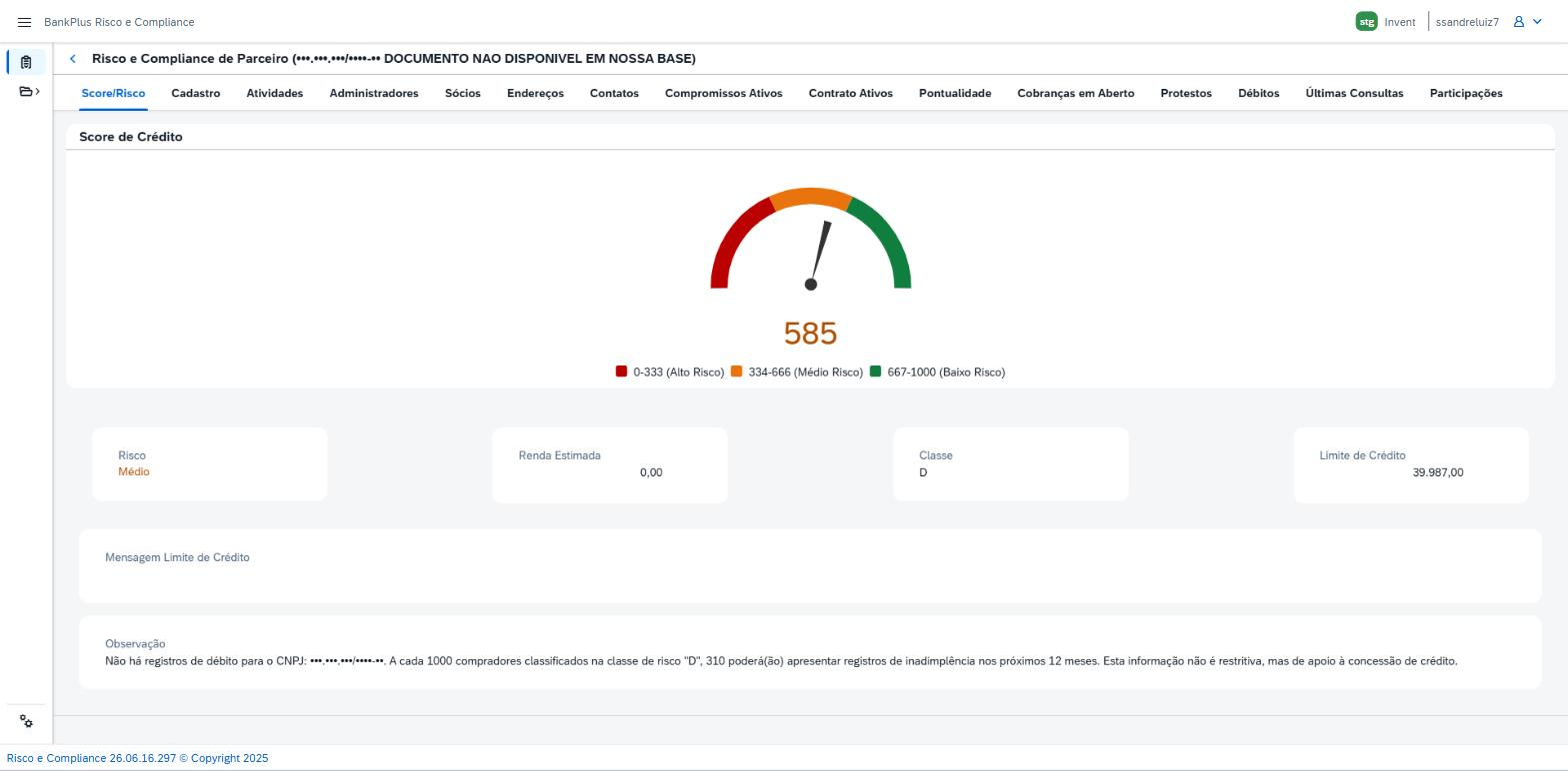 Detalhe da consulta (dossiê do parceiro), aba Score/Risco, com o medidor de Score de Crédito, as faixas de risco e os campos Risco, Renda Estimada, Classe, Limite de Crédito e Observação.