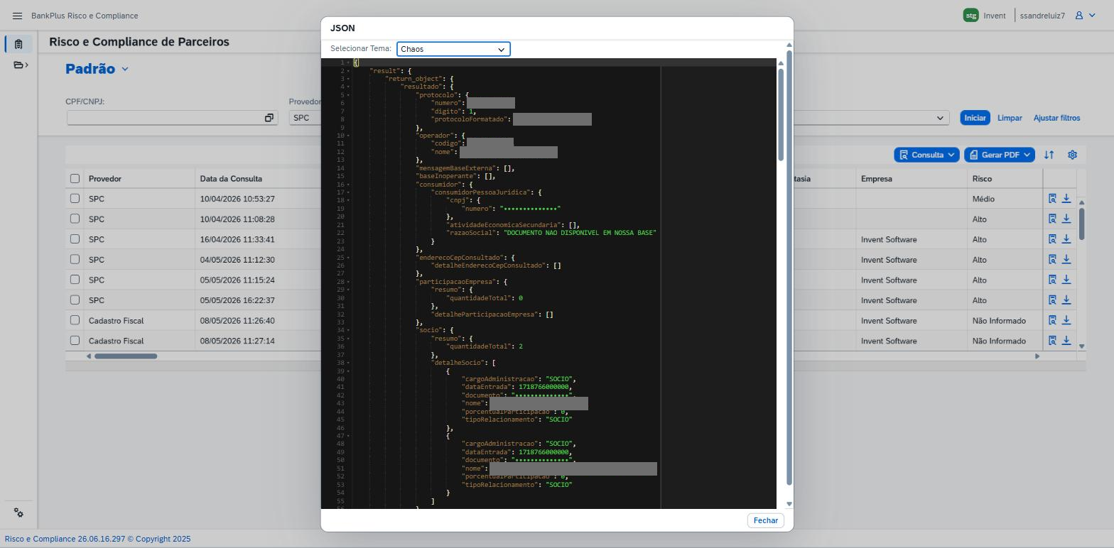 Janela JSON com o retorno do provedor para a consulta, com o seletor Selecionar Tema e o botão Fechar, sobre a lista de consultas.