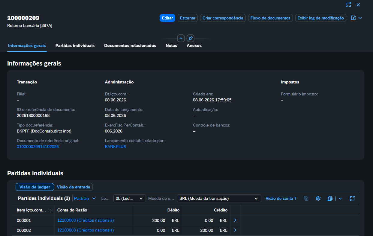 SAP S/4HANA, documento de compensação 100000209 com débito e crédito de 200,00 na mesma conta 12100000