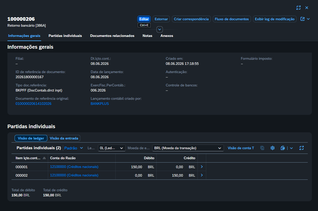 SAP S/4HANA, documento de compensação 100000206 com débito e crédito de 150,00 na mesma conta 12100000