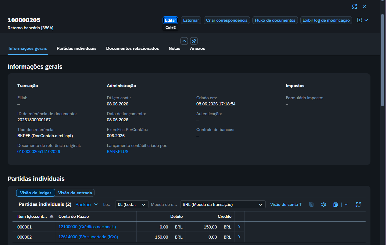 SAP S/4HANA, documento 100000205 do Retorno bancário 386A com crédito de 150,00 na conta 12100000 e débito de 150,00 na conta 12614000