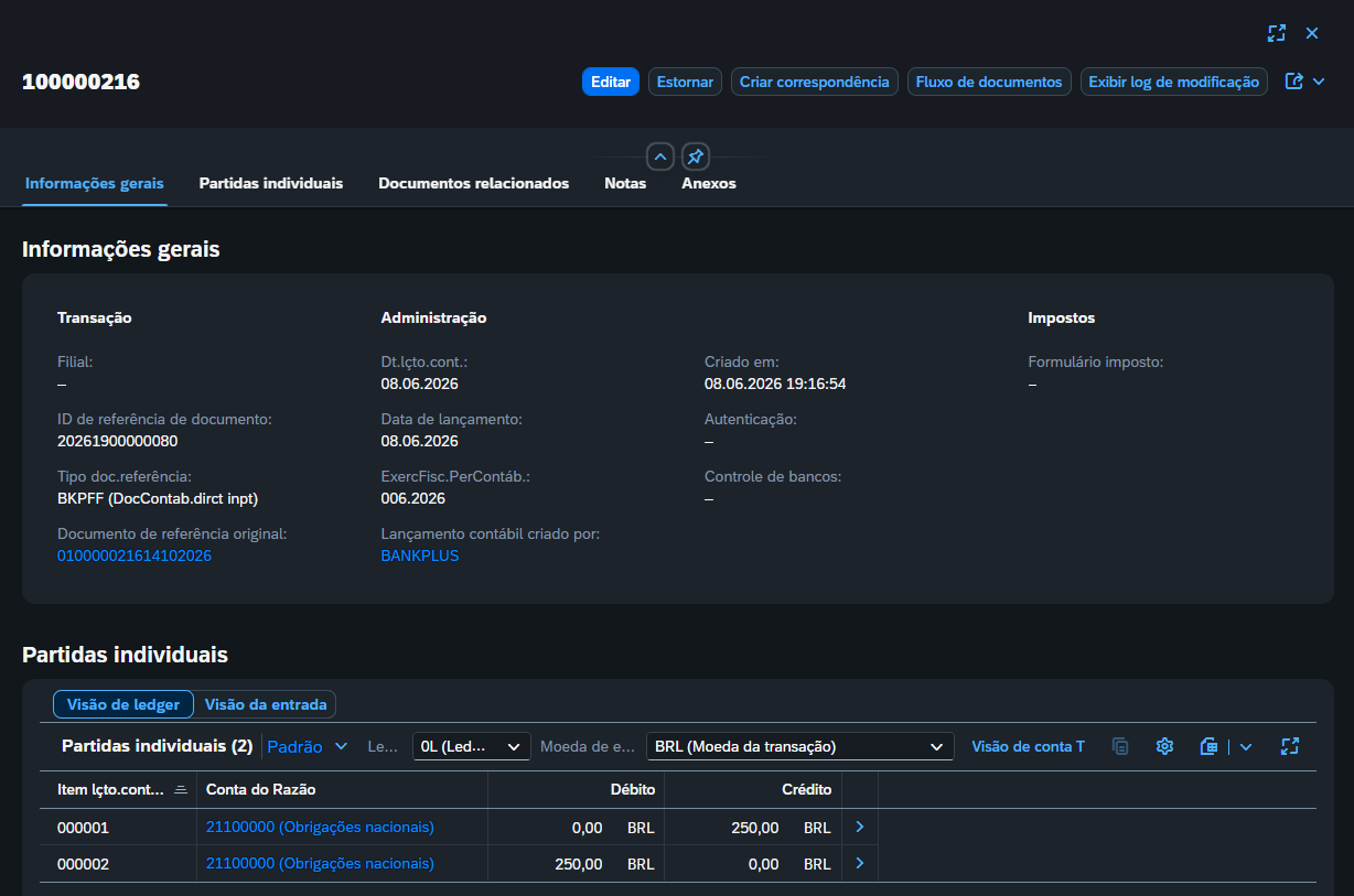 SAP S/4HANA, documento de compensação 100000216 criado por BANKPLUS, com débito e crédito de 250,00 na mesma conta 21100000